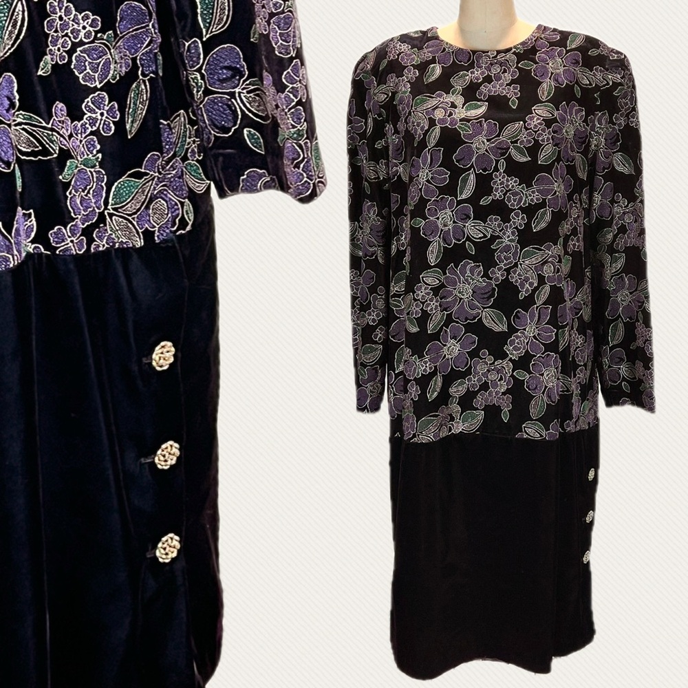 VINTAGE 80s moody floral velvet dress drop waist long sleeve metallic flowers‎